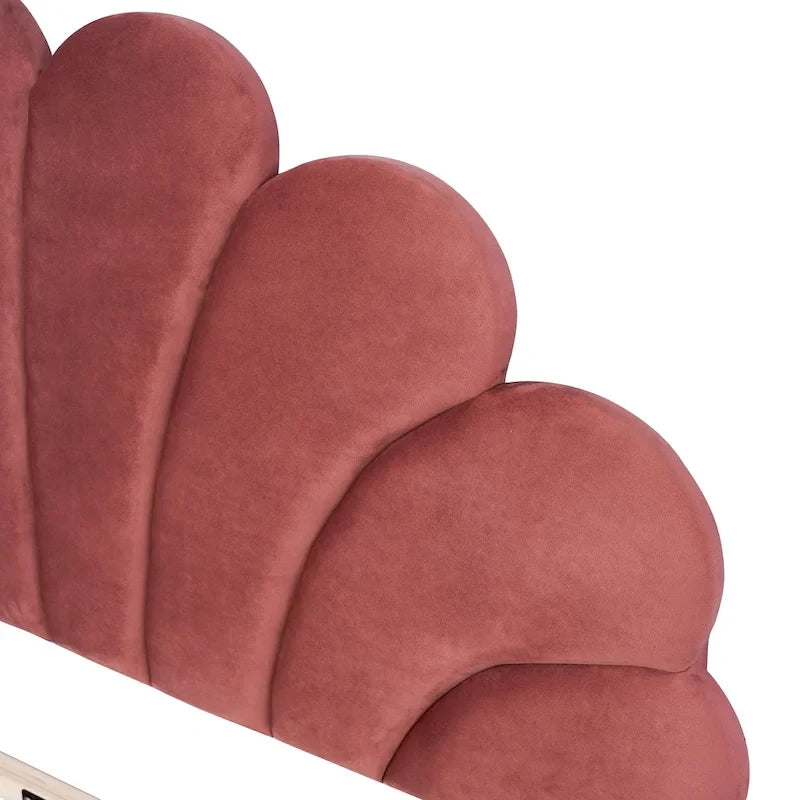 Velvet Upholstered Platform Bed with Flower Pattern Headboard