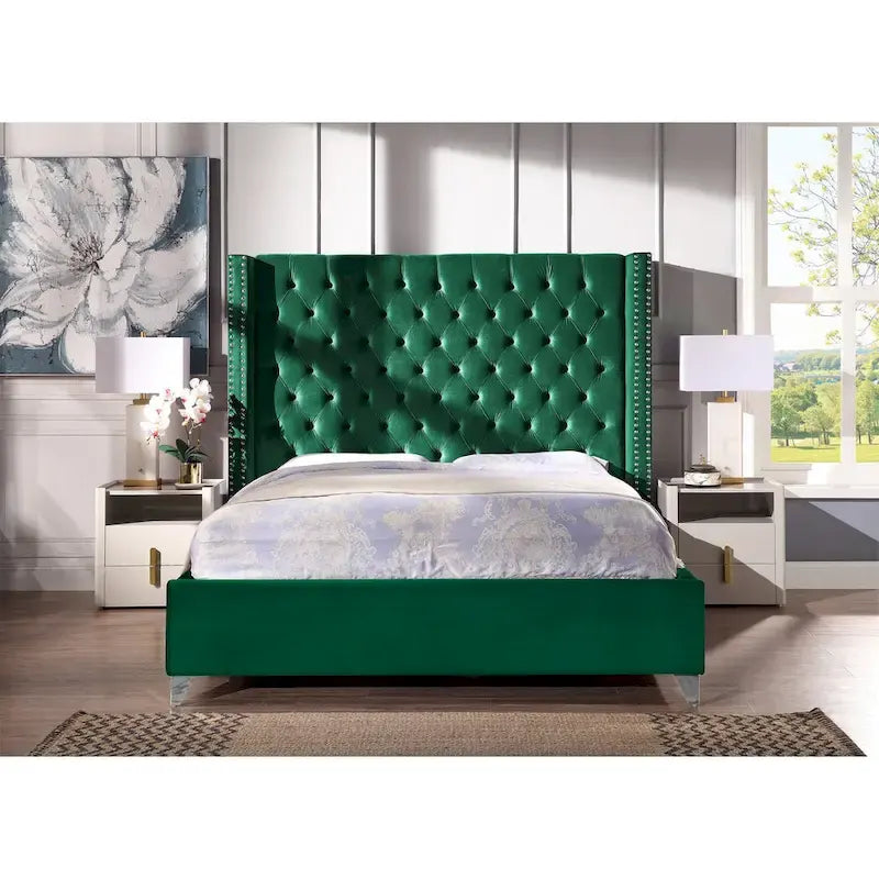King Velvet Upholstered Bed with Deep Button Tufting