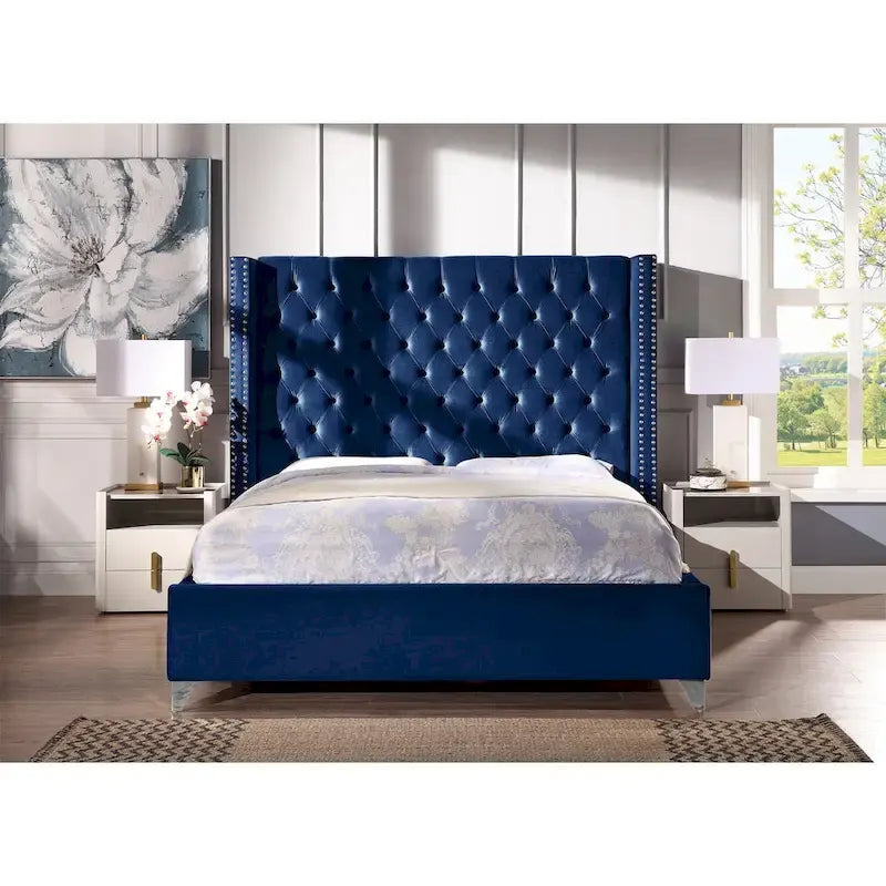King Velvet Upholstered Bed with Deep Button Tufting