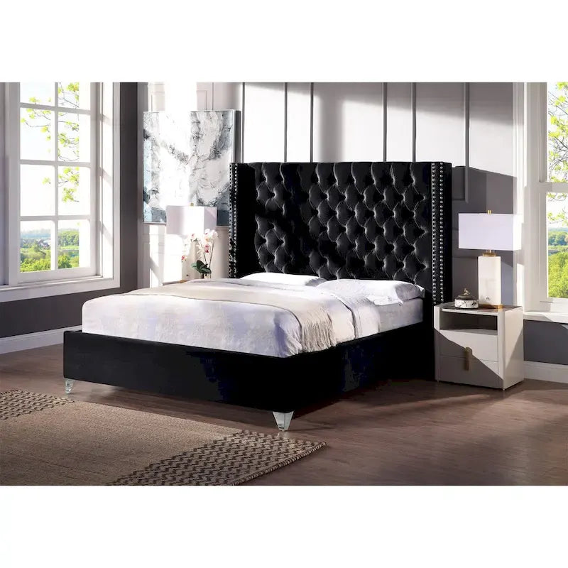King Velvet Upholstered Bed with Deep Button Tufting