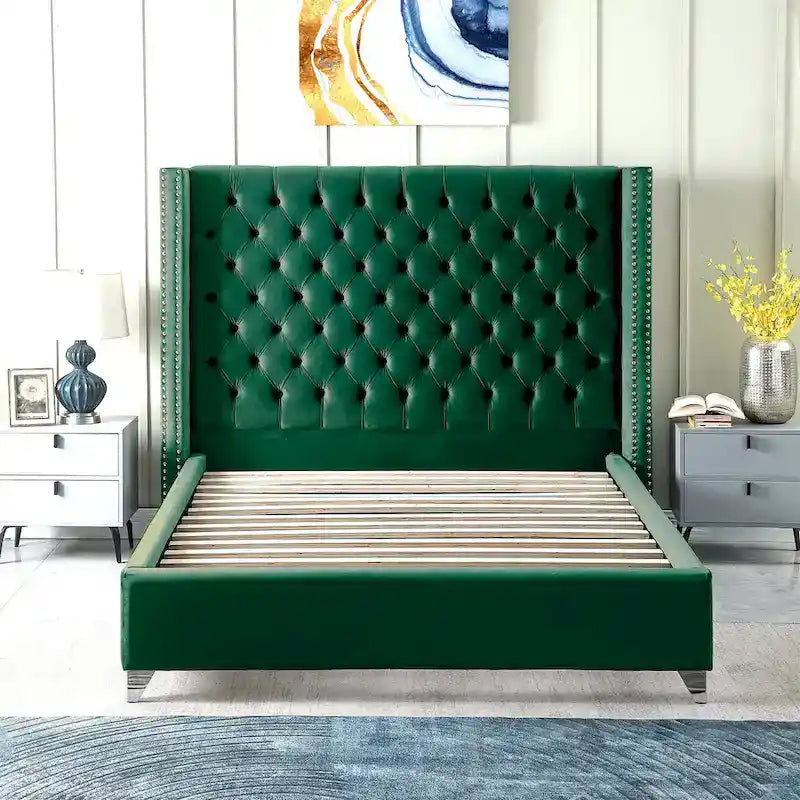 King Velvet Upholstered Bed with Deep Button Tufting
