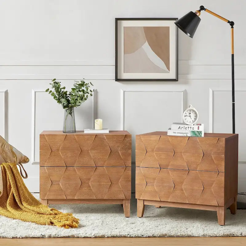 Ethe Mid-Century 2-Drawer Storage Nightstand with Adjustable Solid Wood legs and Charging Station Set of 2 By HULALA HOME