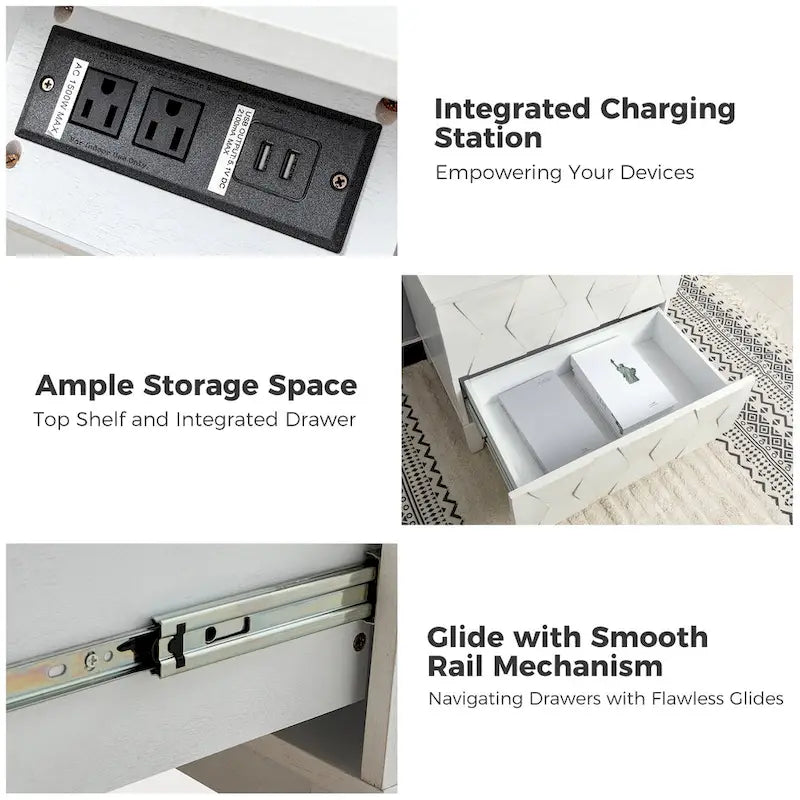 Ethe Mid-Century 2-Drawer Storage Nightstand with Adjustable Solid Wood legs and Charging Station Set of 2 By HULALA HOME