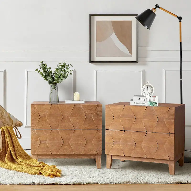 Ethe Mid-Century 2-Drawer Storage Nightstand with Adjustable Solid Wood legs and Charging Station Set of 2 By HULALA HOME