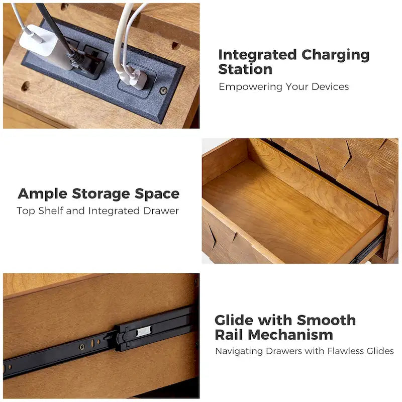 Ethe Mid-Century 2-Drawer Storage Nightstand with Adjustable Solid Wood legs and Charging Station Set of 2 By HULALA HOME