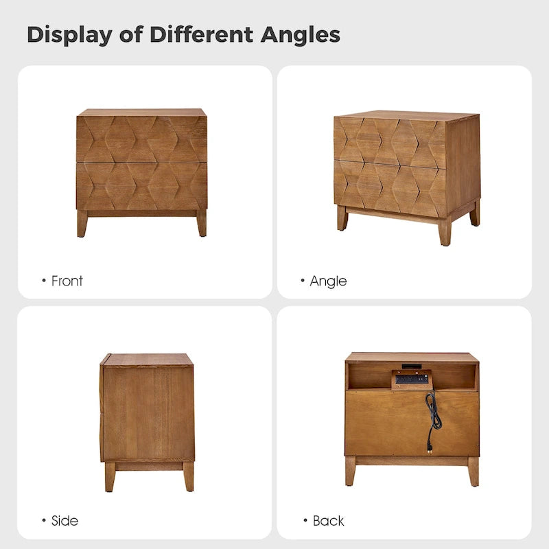 Ethe Mid-Century 2-Drawer Storage Nightstand with Adjustable Solid Wood legs and Charging Station Set of 2 By HULALA HOME