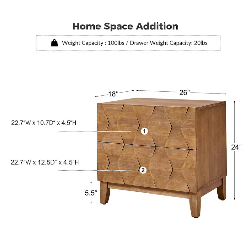 Ethe Mid-Century 2-Drawer Storage Nightstand with Adjustable Solid Wood legs and Charging Station Set of 2 By HULALA HOME
