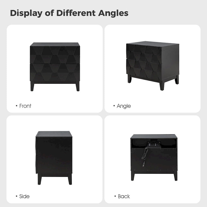 Ethe Mid-Century 2-Drawer Storage Nightstand with Adjustable Solid Wood legs and Charging Station Set of 2 By HULALA HOME