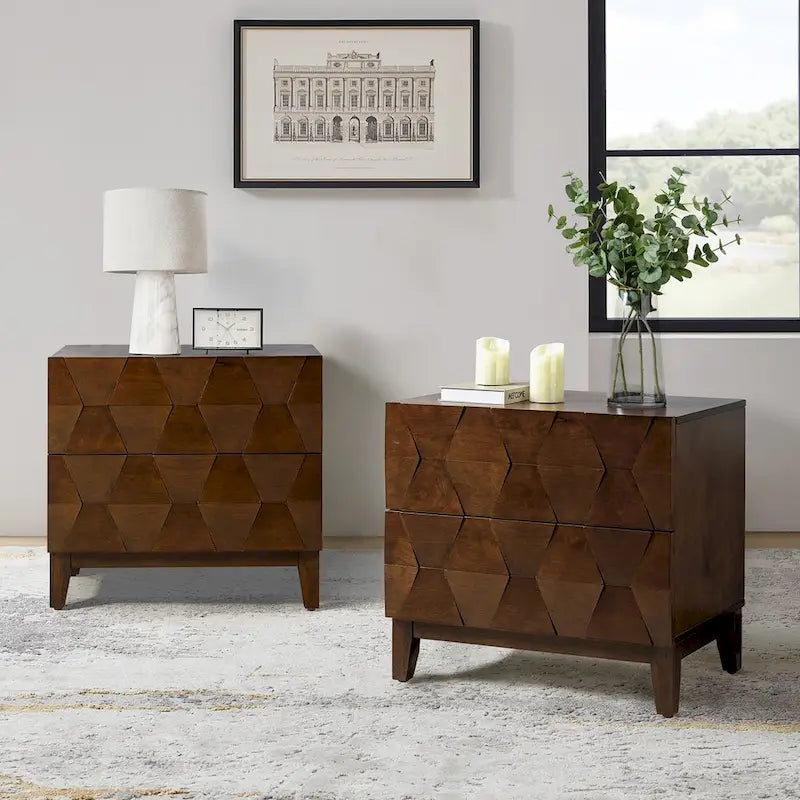 Ethe Mid-Century 2-Drawer Storage Nightstand with Adjustable Solid Wood legs and Charging Station Set of 2 By HULALA HOME