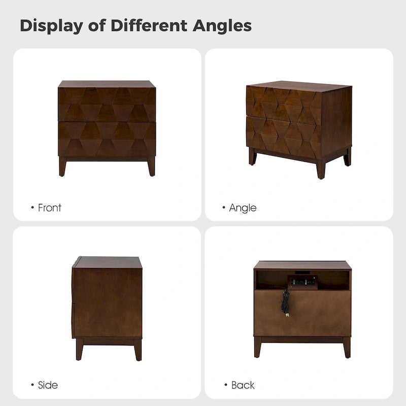 Ethe Mid-Century 2-Drawer Storage Nightstand with Adjustable Solid Wood legs and Charging Station Set of 2 By HULALA HOME