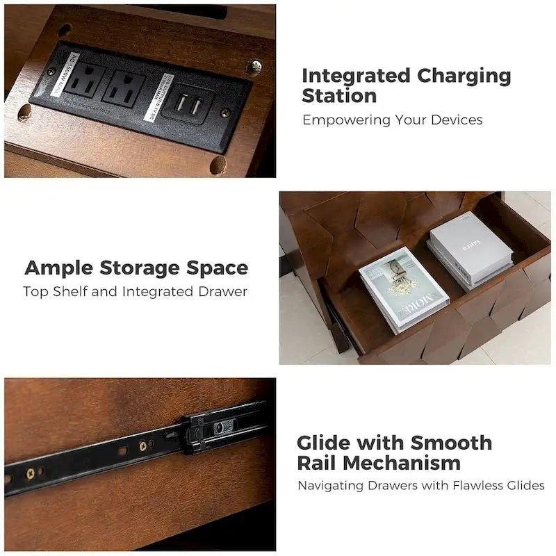 Ethe Mid-Century 2-Drawer Storage Nightstand with Adjustable Solid Wood legs and Charging Station Set of 2 By HULALA HOME