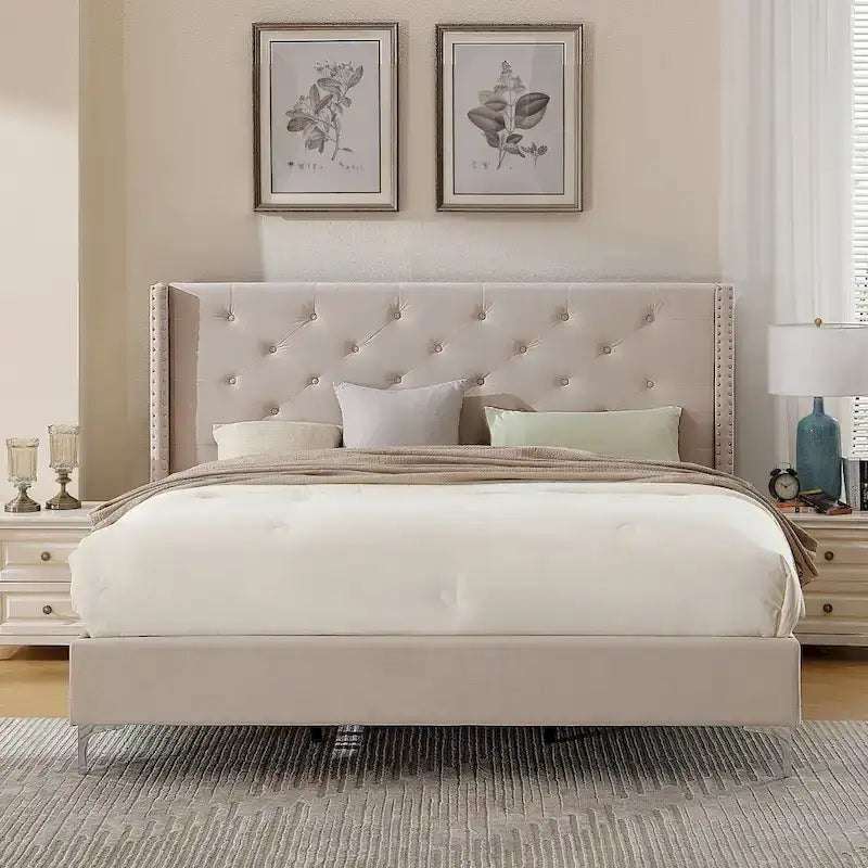 Morden Fort King Size Velvet Upholstered Platform Bed Frame with 6 inches Metal Legs