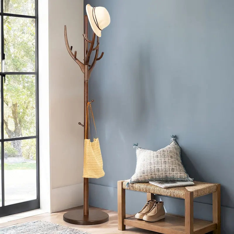 Adjustable Tree-branch Coat Rack Freestanding, Rubberwood Coat Tree - 16.54Dia. x 71.65H