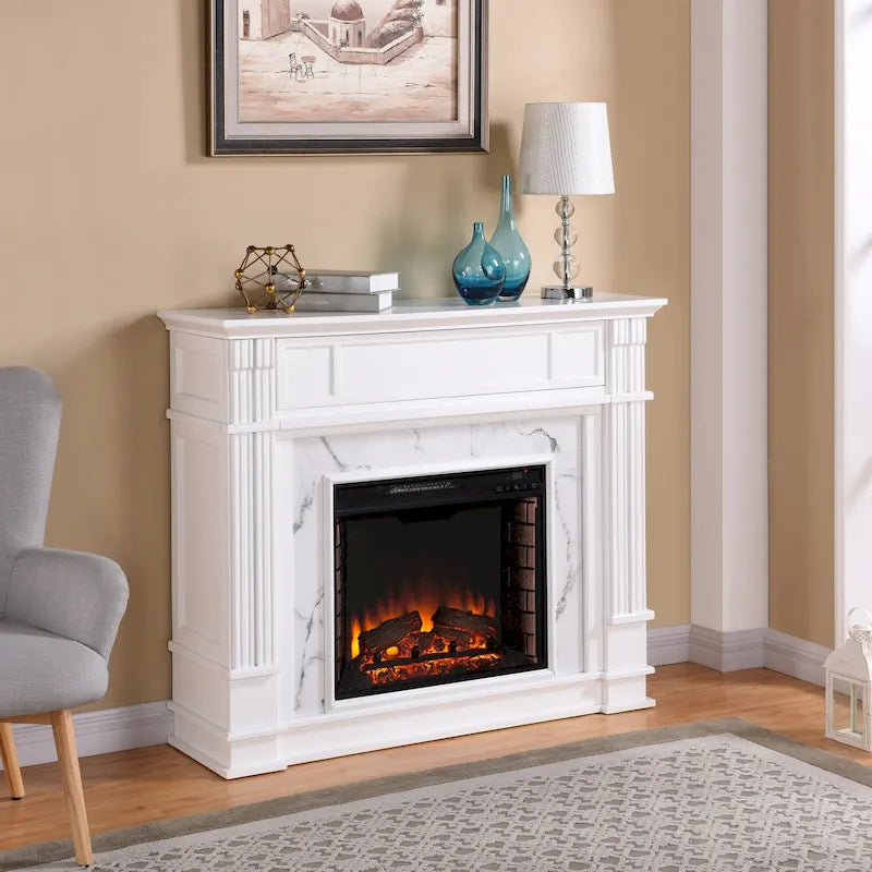 SEI Furniture Occom Electric Fireplace with Faux Marble Mantel with Media Storage
