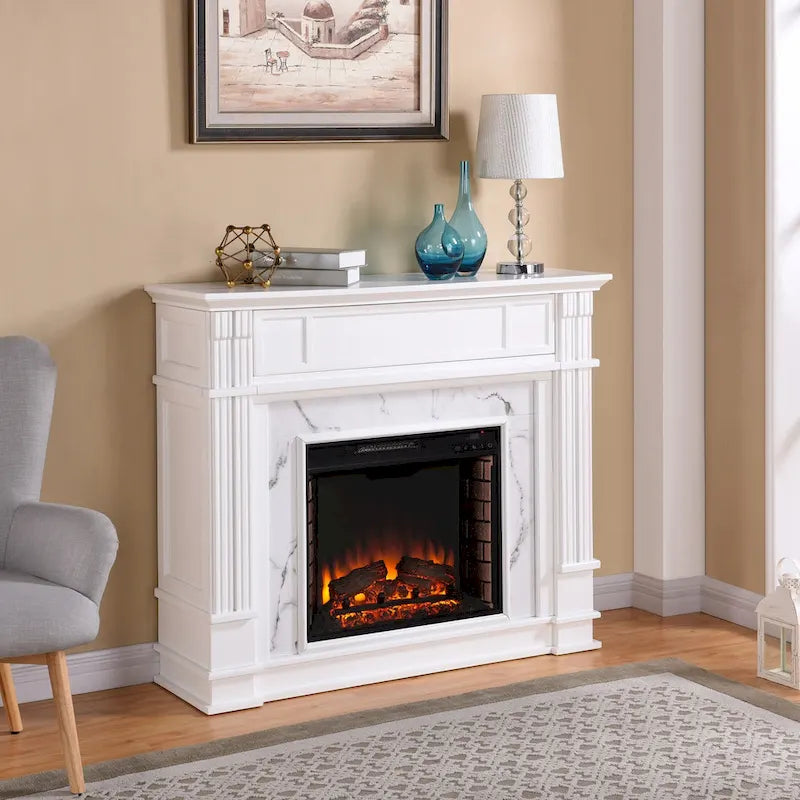 SEI Furniture Occom Electric Fireplace with Faux Marble Mantel with Media Storage