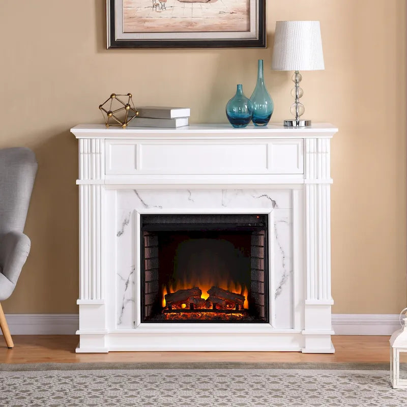 SEI Furniture Occom Electric Fireplace with Faux Marble Mantel with Media Storage