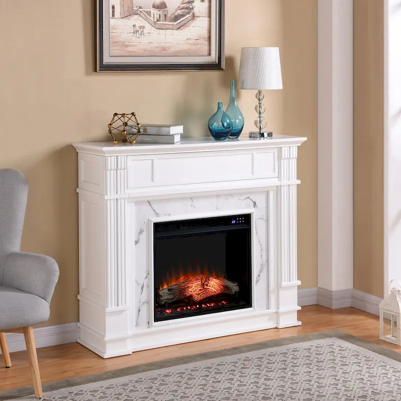 SEI Furniture Occom Electric Fireplace with Faux Marble Mantel with Media Storage