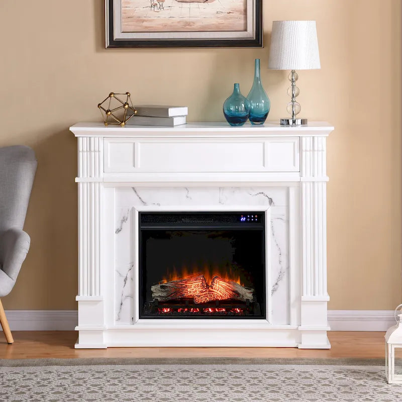 SEI Furniture Occom Electric Fireplace with Faux Marble Mantel with Media Storage