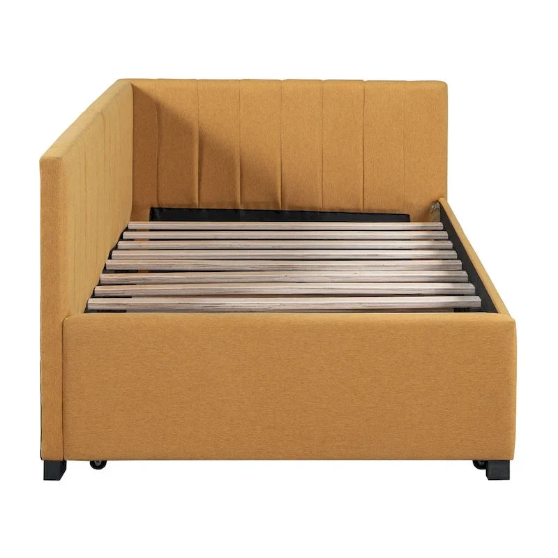 Upholstered Daybed with Trundle Twin Size Sofa Bed Frame No Box Spring Needed, Linen Fabric(Beige)