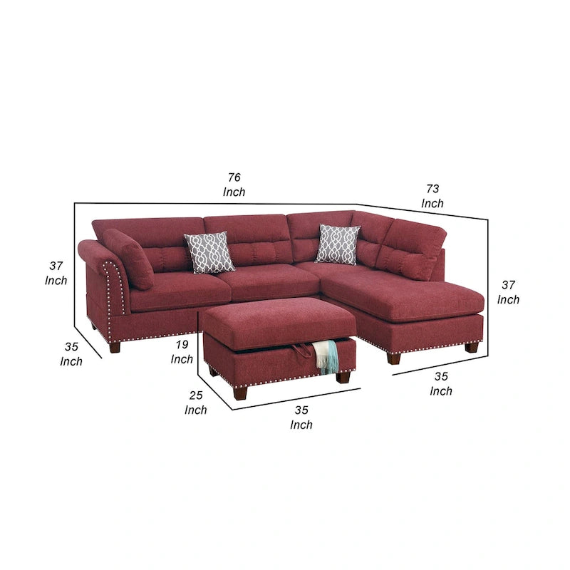 3 Piece Sectional Sofa with Reversible Chaise and Ottoman, Red