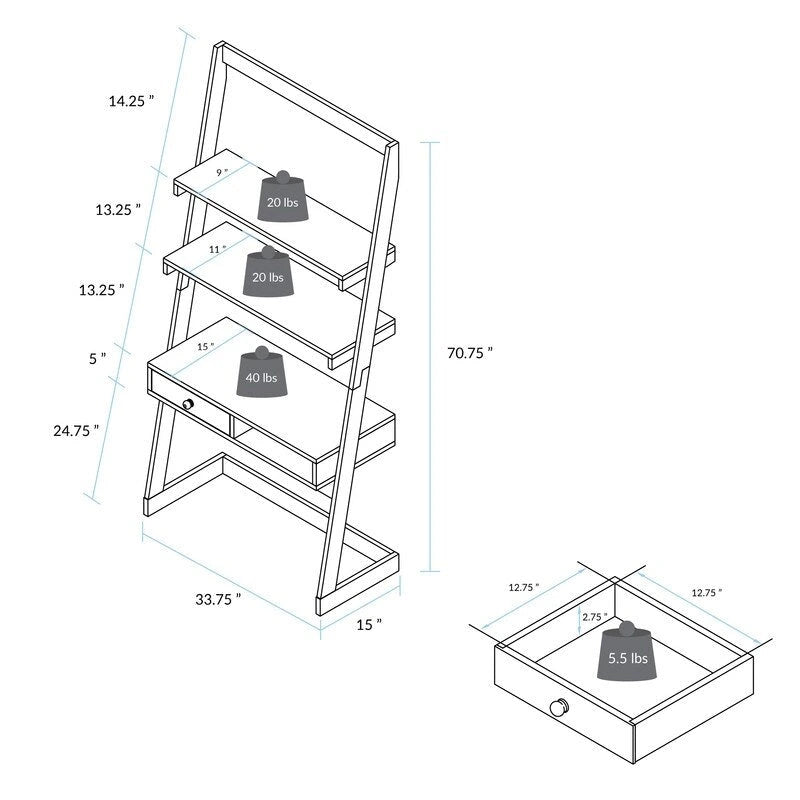 Freestanding Ladder Desk with Drawer with Solid American Hardwood