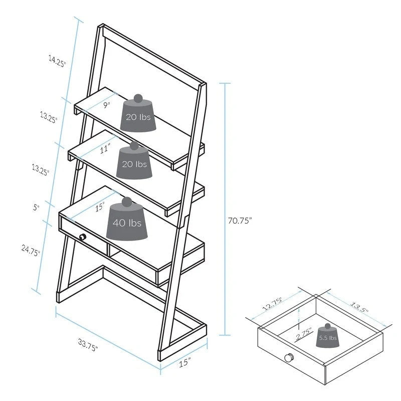 Freestanding Ladder Desk with Drawer with Solid American Hardwood