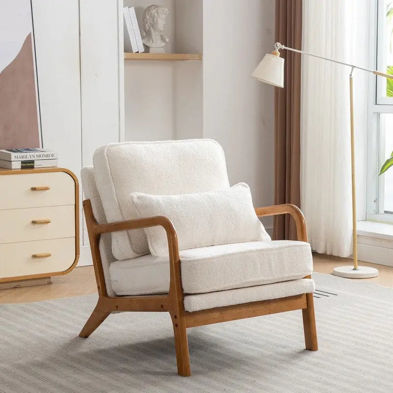 SEYNAR Mid Century Boucle Uplostered Soild Wood Accent Armchair with Pillow