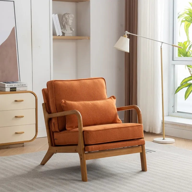 SEYNAR Mid Century Boucle Uplostered Soild Wood Accent Armchair with Pillow