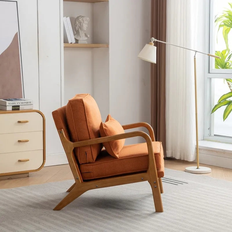 SEYNAR Mid Century Boucle Uplostered Soild Wood Accent Armchair with Pillow