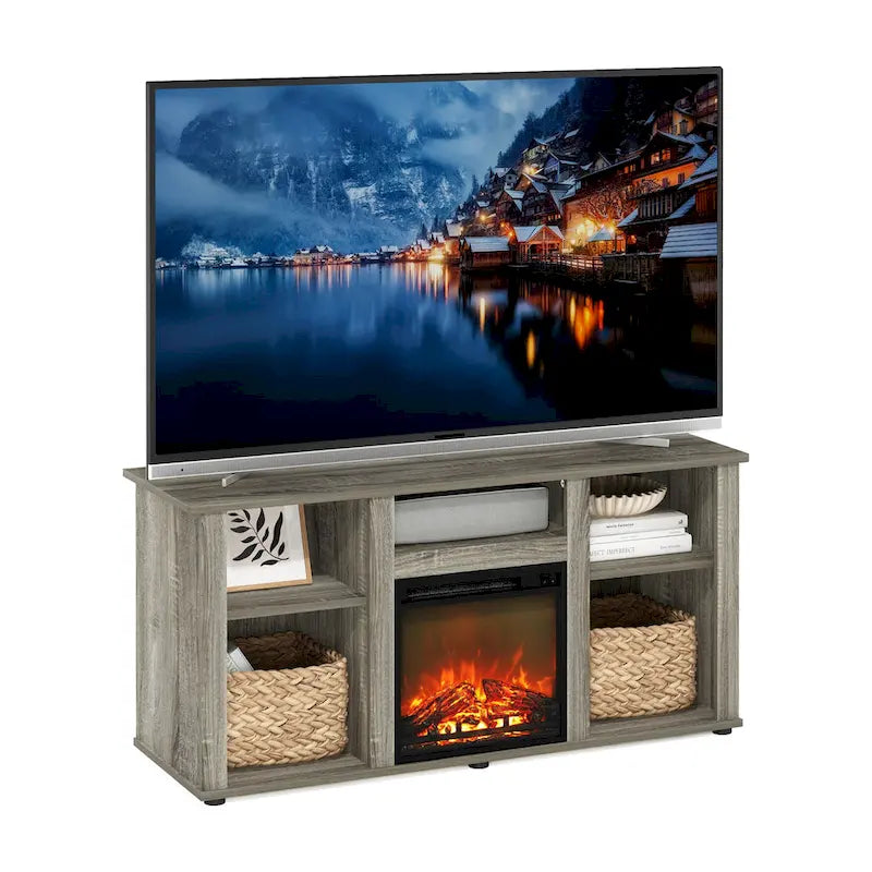 Furinno Jensen Fireplace TV Entertainment Center with Open Storage Compartment for TV up to 55 Inch
