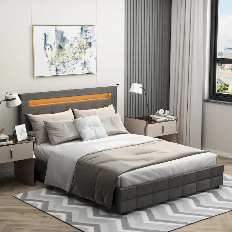 60.6 Queen Bed Frame with Drawers LED Bed Frame USB Charging Station