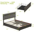 60.6 Queen Bed Frame with Drawers LED Bed Frame USB Charging Station