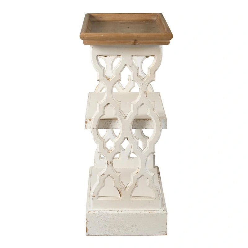 35 Inch 3 Tier Console Table, Fir Wood, Carved Panels, Brown and White