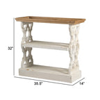 35 Inch 3 Tier Console Table, Fir Wood, Carved Panels, Brown and White