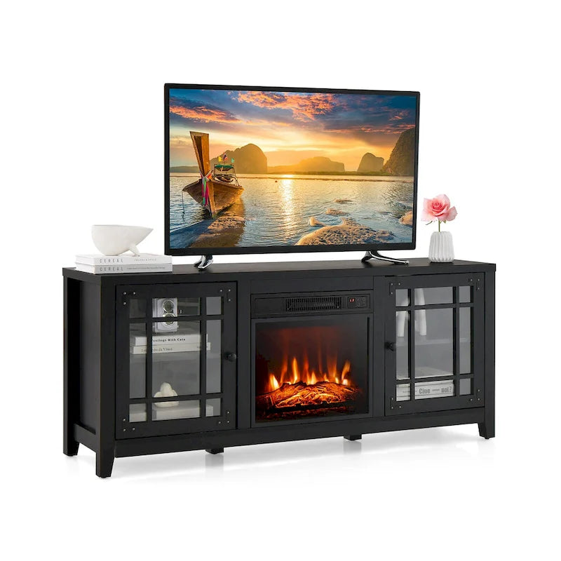 58 Inch Fireplace TV Stand with 3-Position Adjustable Shelves and 2 Cabinets with Doors