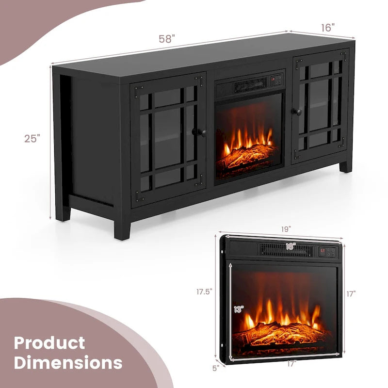 58 Inch Fireplace TV Stand with 3-Position Adjustable Shelves and 2 Cabinets with Doors