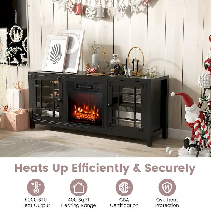 58 Inch Fireplace TV Stand with 3-Position Adjustable Shelves and 2 Cabinets with Doors