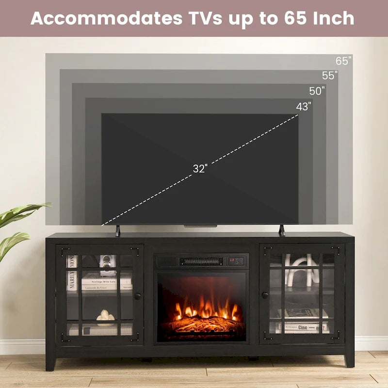 58 Inch Fireplace TV Stand with 3-Position Adjustable Shelves and 2 Cabinets with Doors