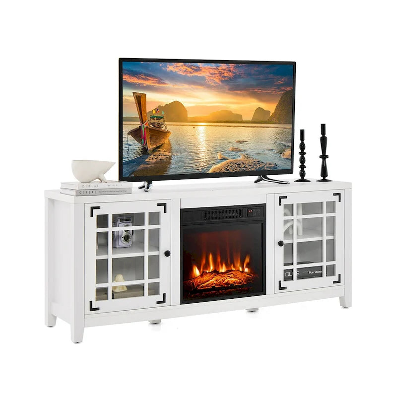58 Inch Fireplace TV Stand with 3-Position Adjustable Shelves and 2 Cabinets with Doors