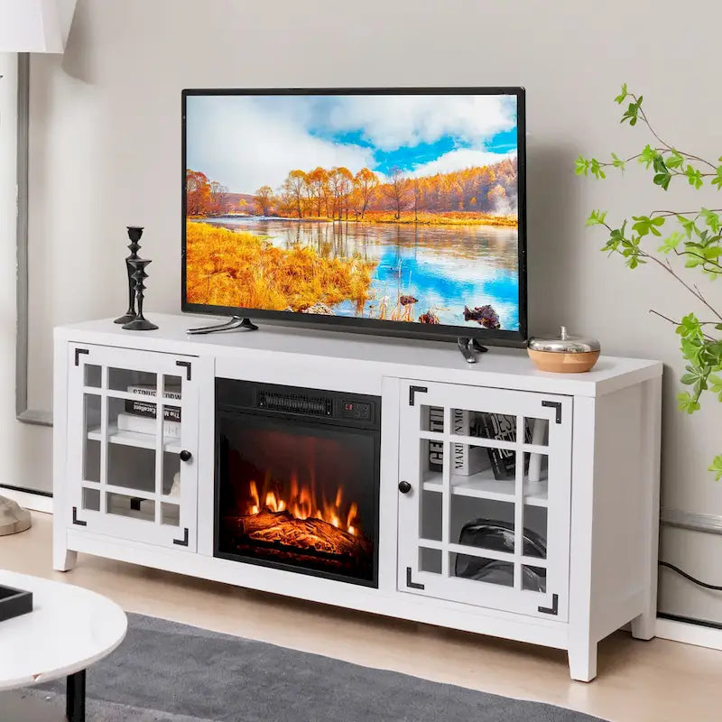 58 Inch Fireplace TV Stand with 3-Position Adjustable Shelves and 2 Cabinets with Doors