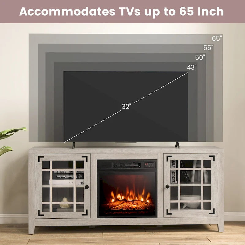 58 Inch Fireplace TV Stand with 3-Position Adjustable Shelves and 2 Cabinets with Doors