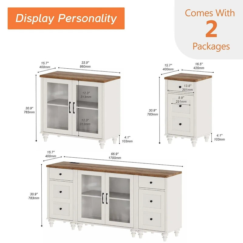 LED TV Stand for 75 Inch TV, 3-in-1 TV Cabinet & Side Table Set, White - 67 Inch