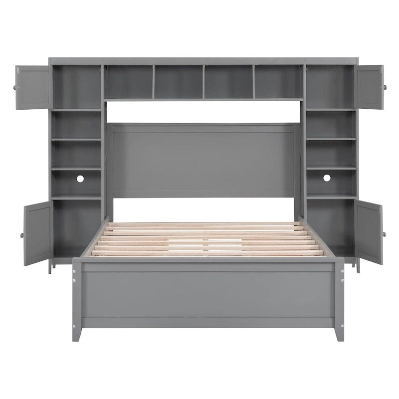 Full Size Wooden Bed With All-in-One Cabinet and Shelf