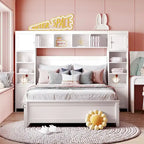 Full Size Wooden Bed With All-in-One Cabinet and Shelf