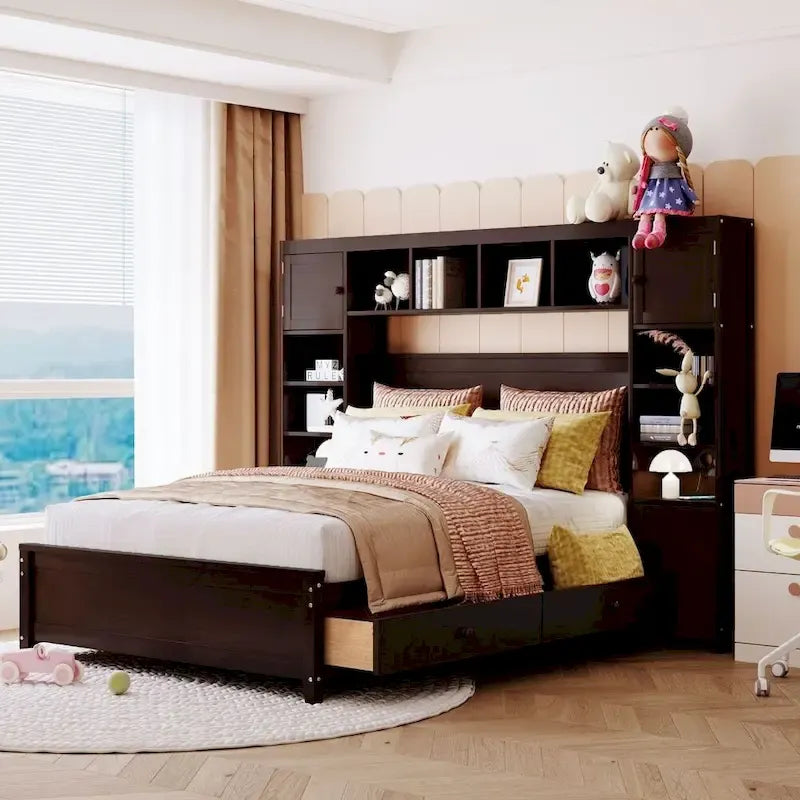 Full Size Wooden Bed With All-in-One Cabinet and Shelf