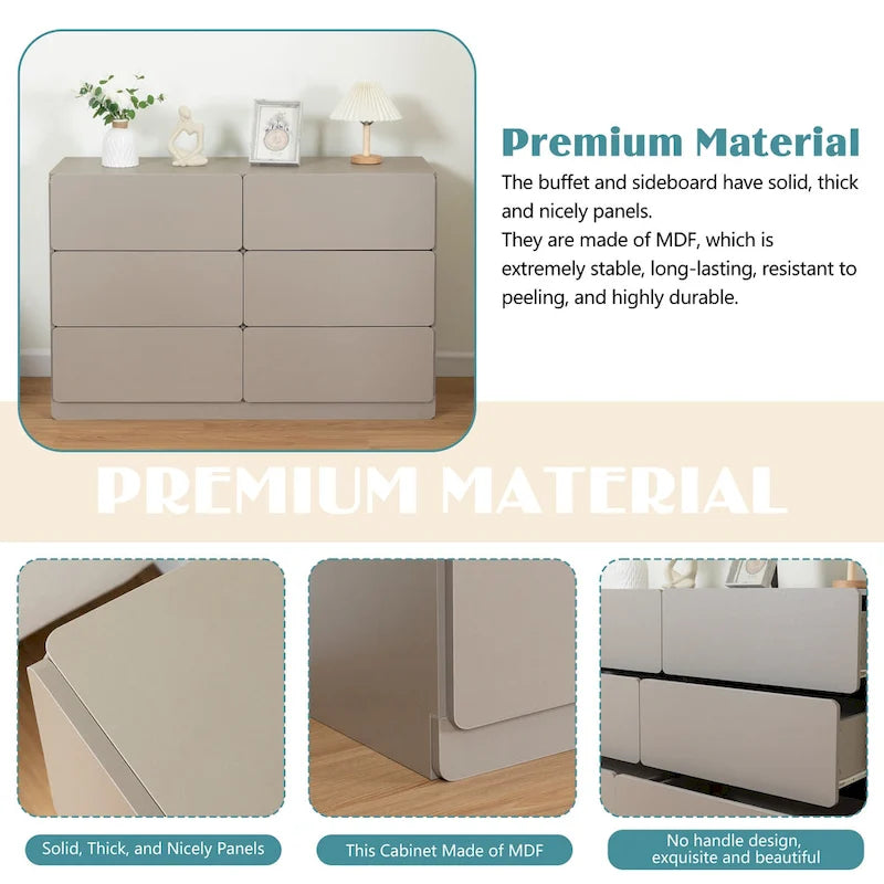 6-Drawer 47 in. W Dresser Chest of Drawers,Buffet Server Console Table Storge Cabinets,Accent Storage Cabinets No Handle