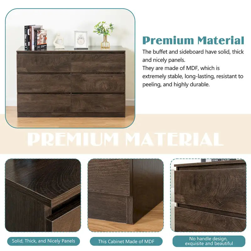 6-Drawer 47 in. W Dresser Chest of Drawers,Buffet Server Console Table Storge Cabinets,Accent Storage Cabinets No Handle
