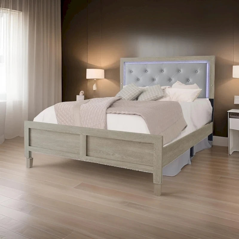 Ancy King Size Bed, Tufted and Upholstered Headboard, Light Gray Finish
