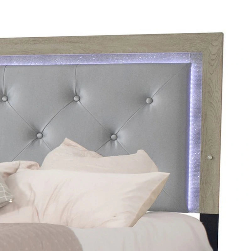 Ancy King Size Bed, Tufted and Upholstered Headboard, Light Gray Finish