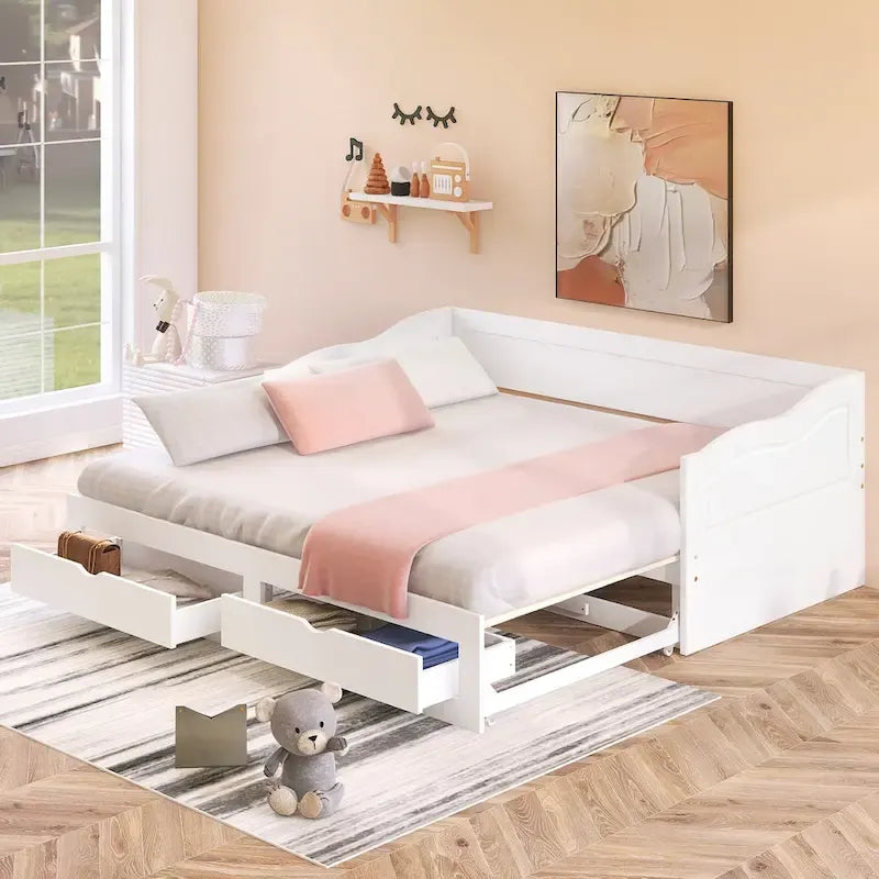 Wooden Extendable Sofa Bed, Daybed with Trundle and 2 Storage Drawers